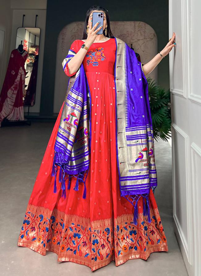 Jacquard Silk Red Festival Wear Weaving  Readymade Gown With Dupatta